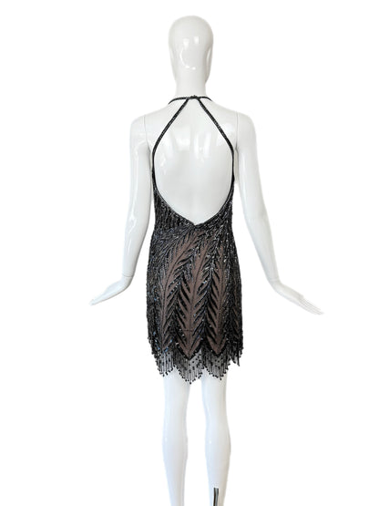 BOB MACKIE Vintage Anthracite Heavy Beaded Backless Mini Dress