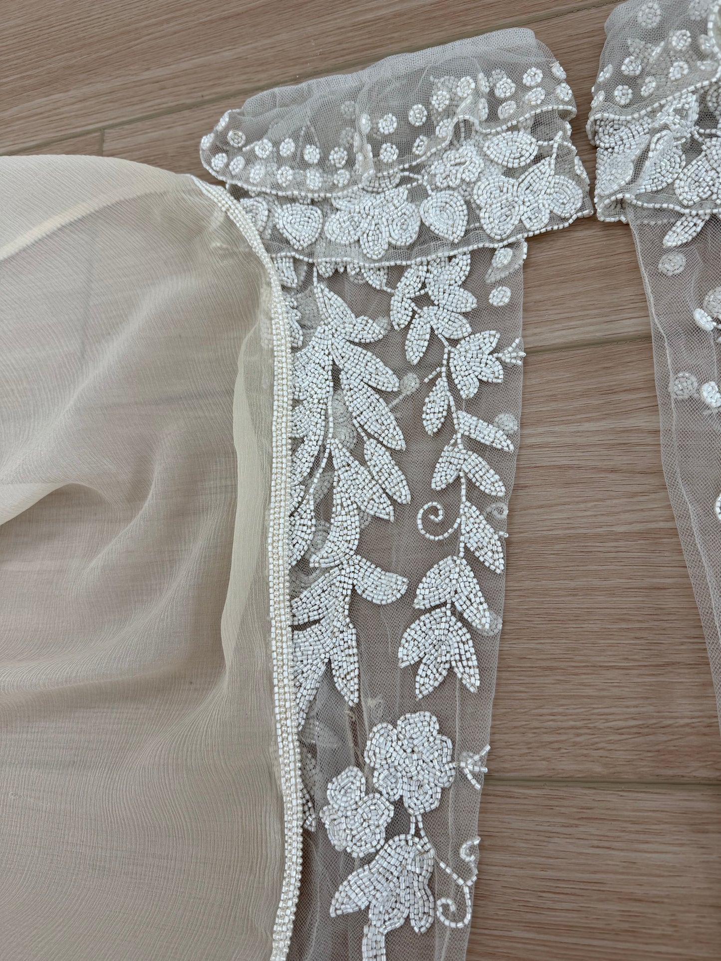 LES HABITUDES 90's Vintage Couture Hand Beaded Bridal Gown w. Gloves + Shawl