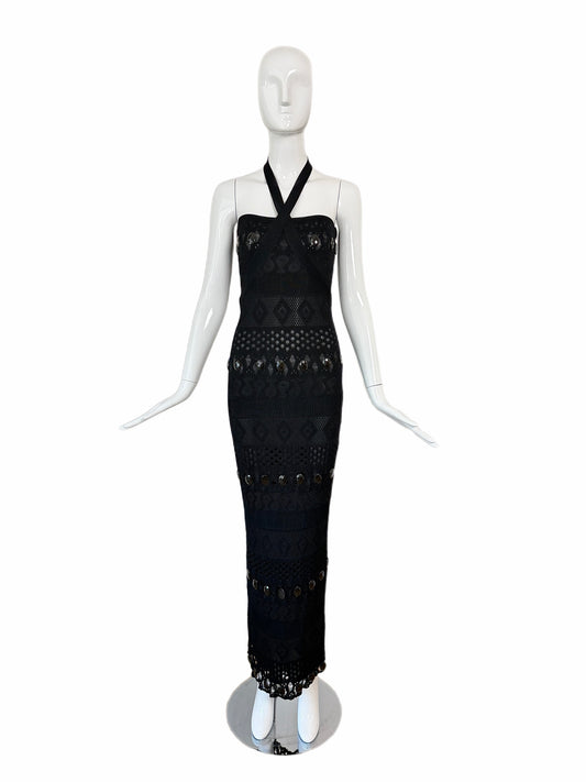 HERVE LEGER 90's Vintage Black Crystal Halter Wiggle Maxi Dress