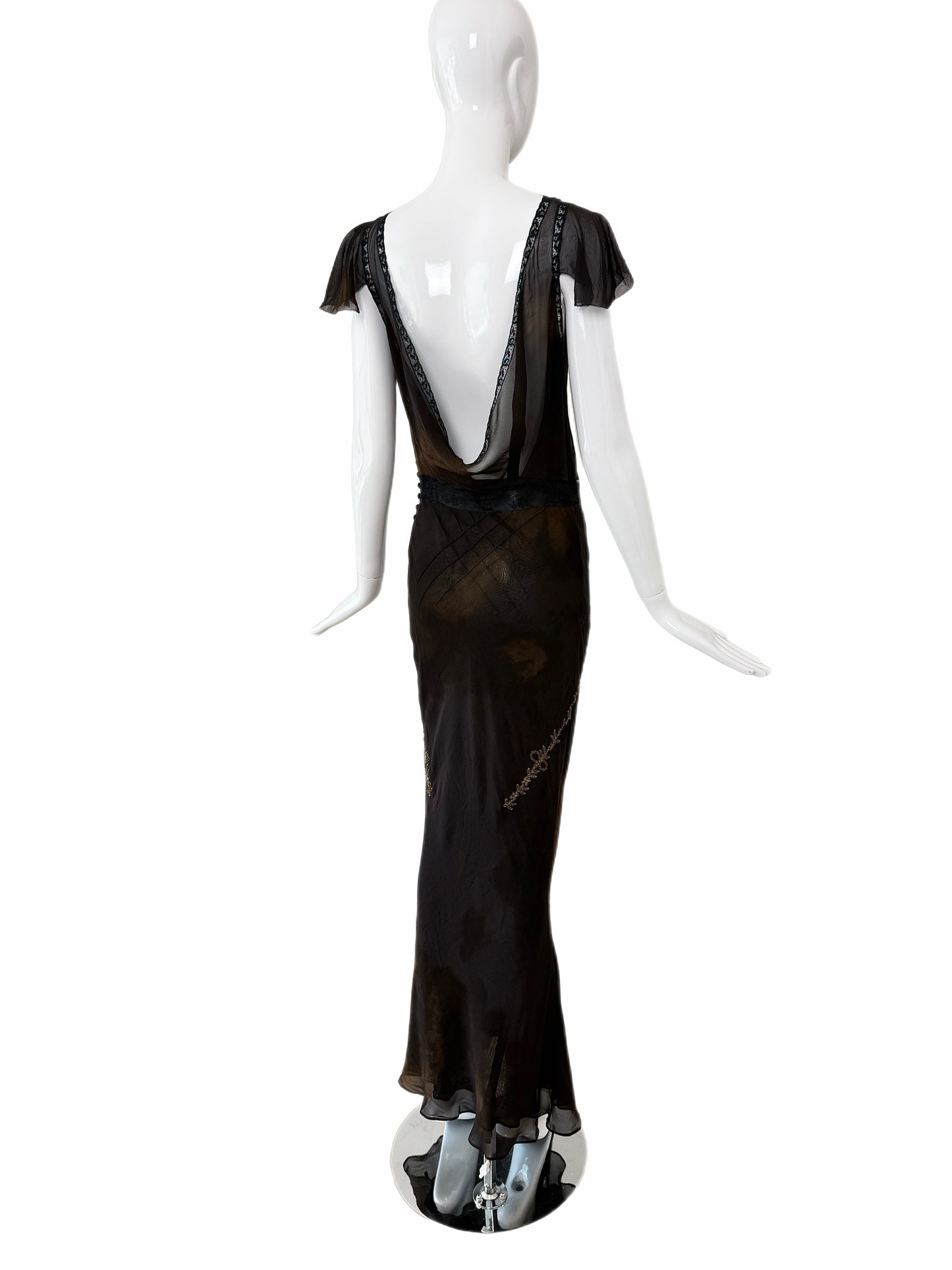 JOHN GALLIANO 2006 Vintage Runway Silk Bias Cut Metal + Lace Embellished Evening Gown