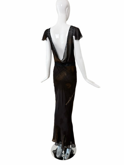 JOHN GALLIANO 2006 Vintage Runway Silk Bias Cut Metal + Lace Embellished Evening Gown