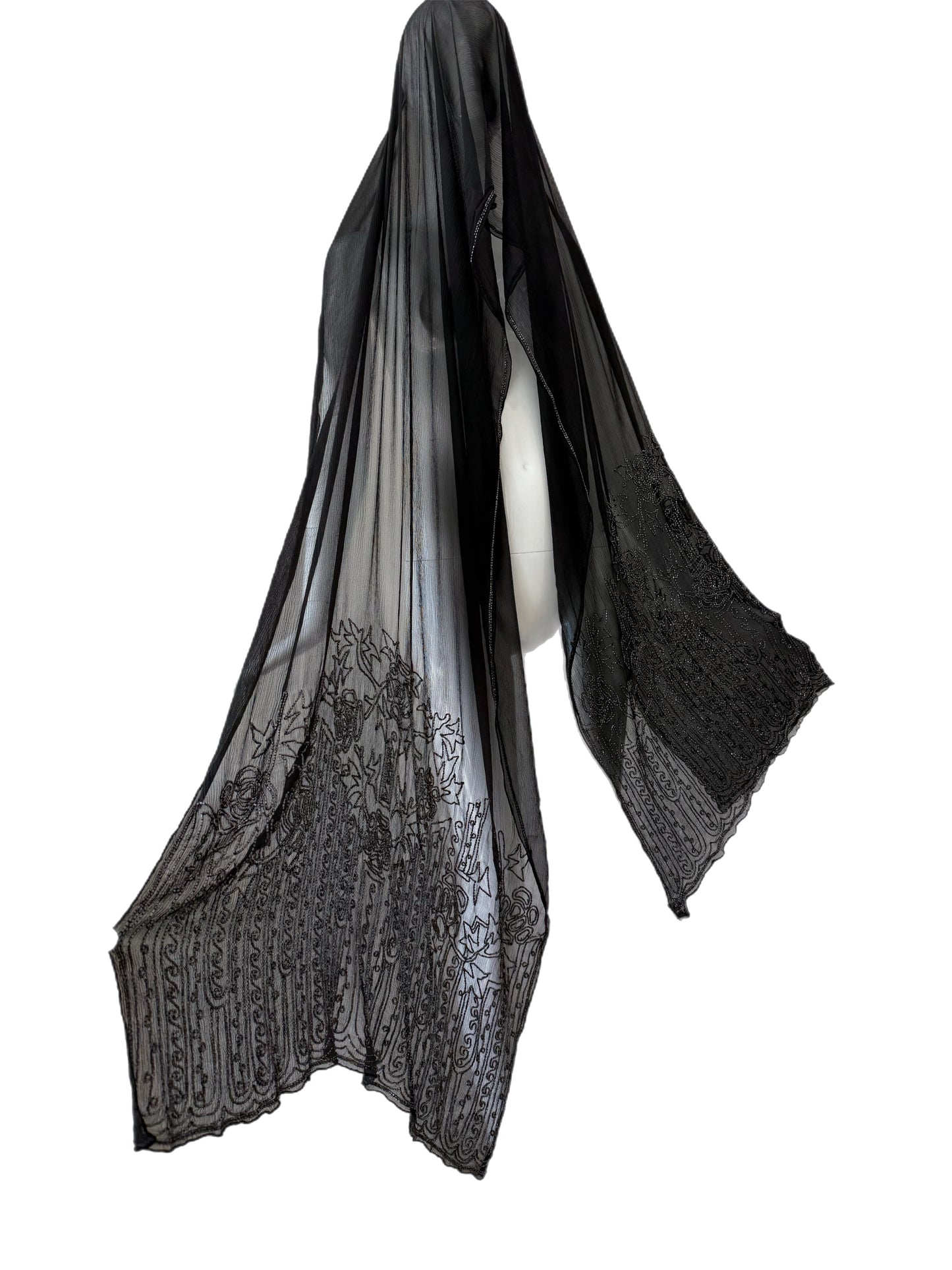 EAVIS & BROWN 90's Vintage Black Silk Hand-Beaded Oversized Shawl