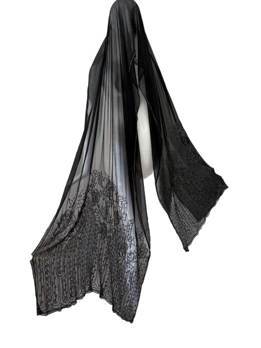 EAVIS & BROWN 90's Vintage Black Silk Hand-Beaded Oversized Shawl
