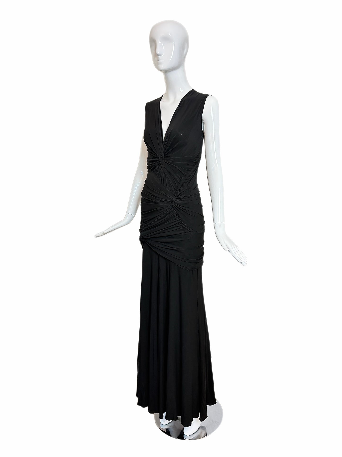 DONNA KARAN Vintage Black Ruched Open Back Evening Gown