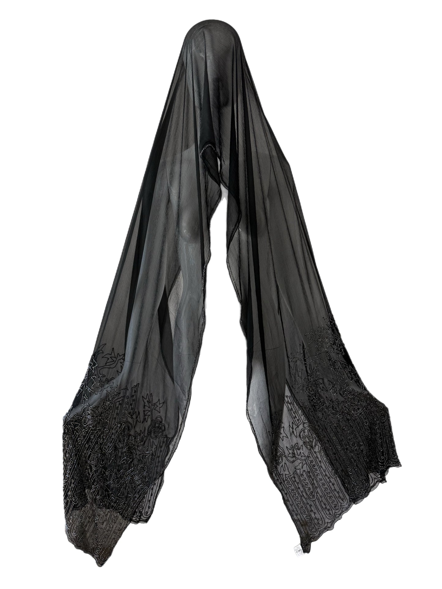 EAVIS & BROWN 90's Vintage Black Silk Hand-Beaded Oversized Shawl