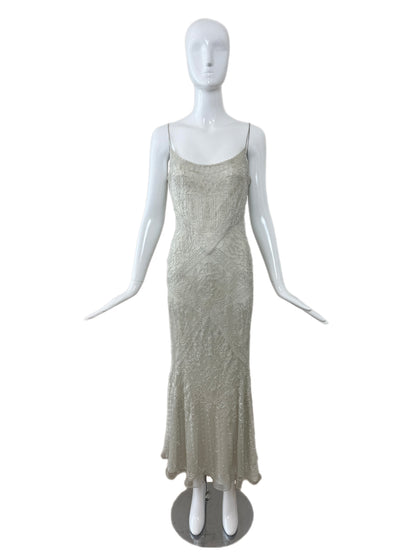 LES HABITUDES 90's Couture Vintage Grey/Blue Beaded Bridal Dress w. Shawl