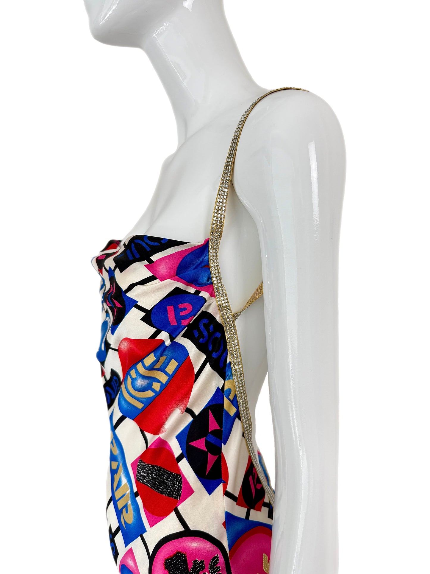 ICEBERG 2001 Vintage Runway 100% Silk Crystal Strap Backless Gown