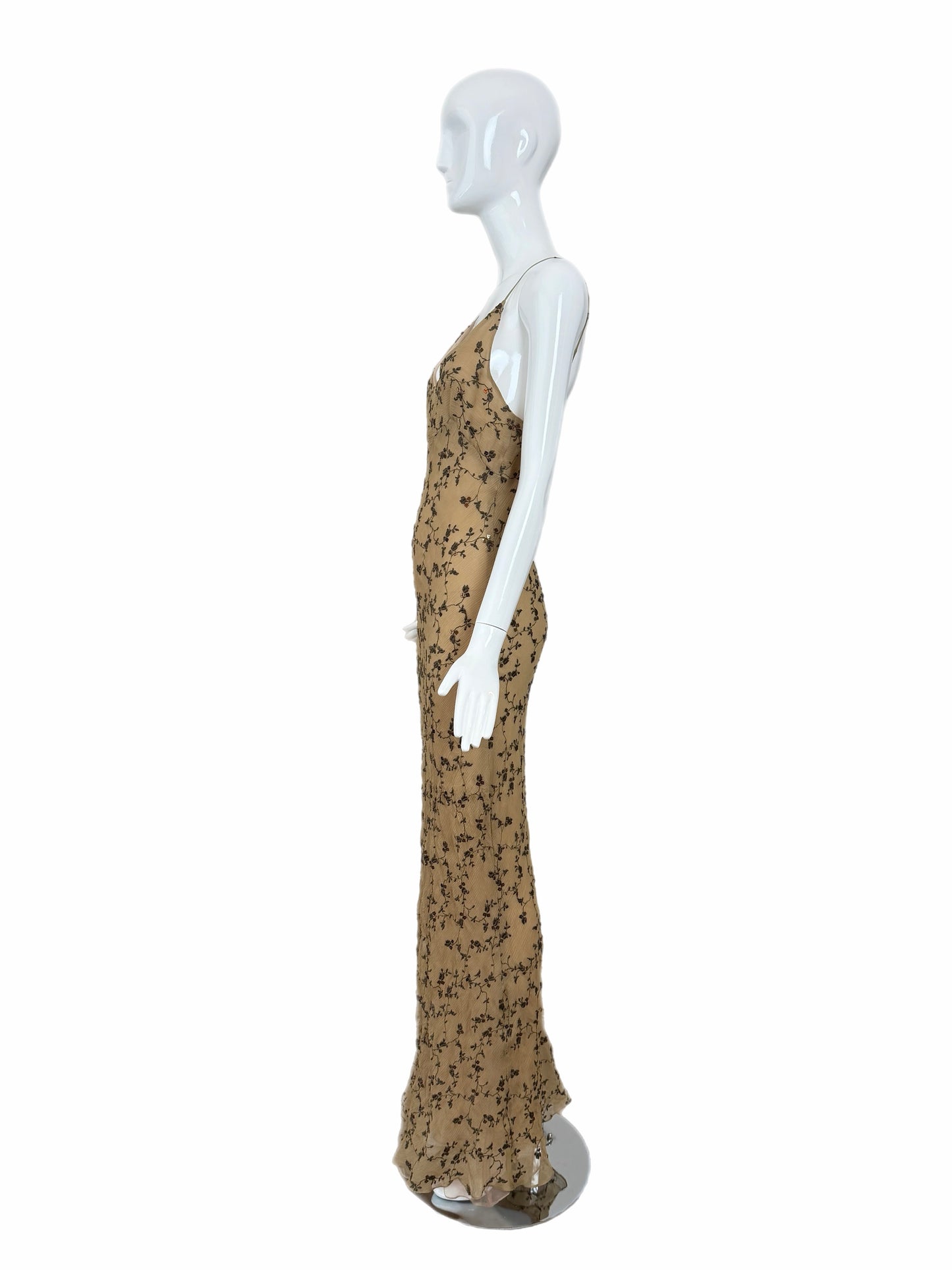 MARIA GRACHVOGEL Vintage Silk Tan Floral Embroidered Sequin Slip Gown