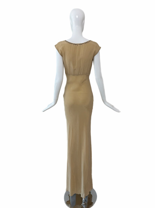 LES HABITUDES 90's Vintage Khaki Camel Floral Neckline Slip Gown