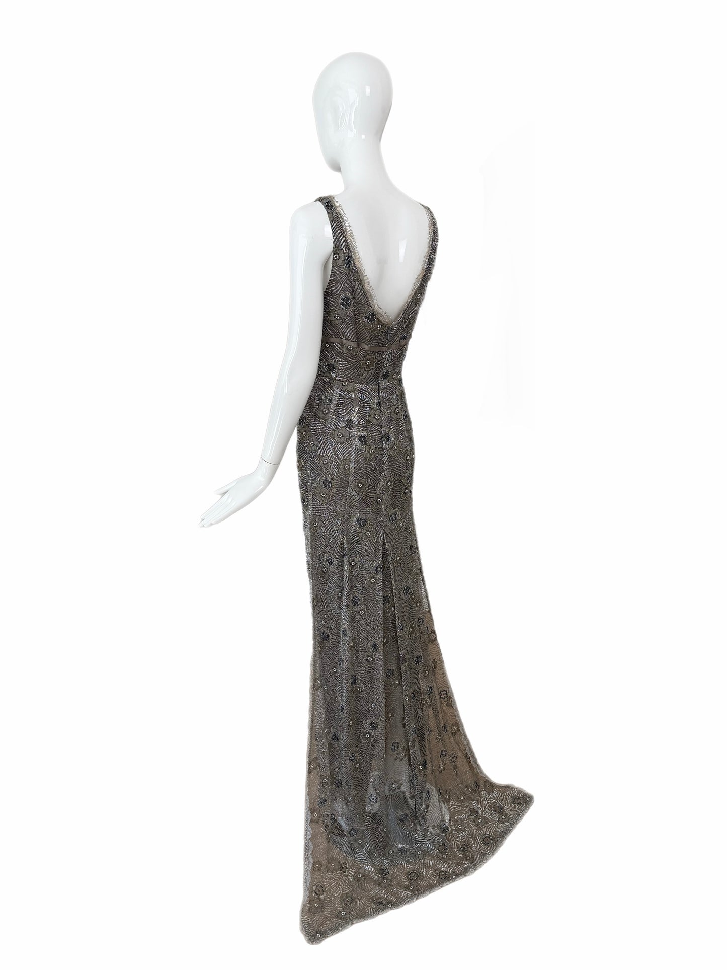 RANDOLPH DUKE 2005 Vintage Silver Floral Beaded Evening Gown w. Train