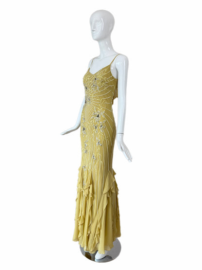 SUE WONG 2005 Vintage Chartreuse Silk Floral Beaded Ruffle Gown