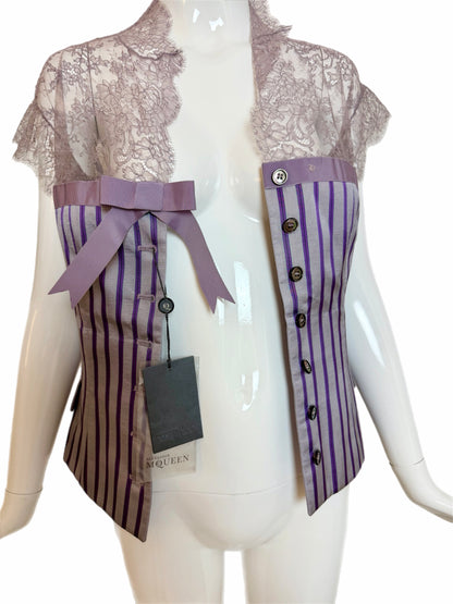 ALEXANDER MCQUEEN 2004 Vintage Silk Purple Pinstripe Lace Blouse