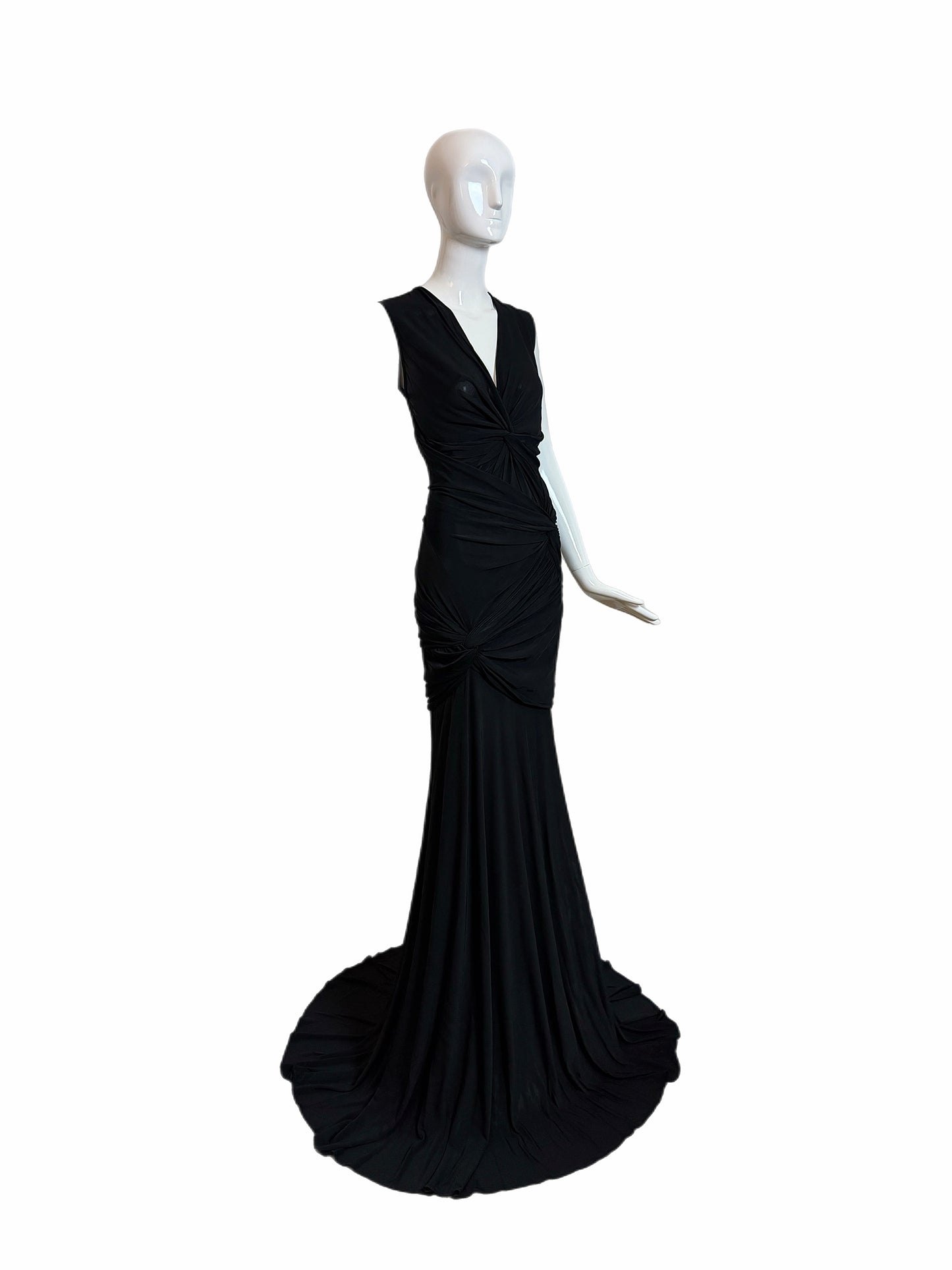 DONNA KARAN Vintage Black Ruched Extra Long Open Back Evening Gown