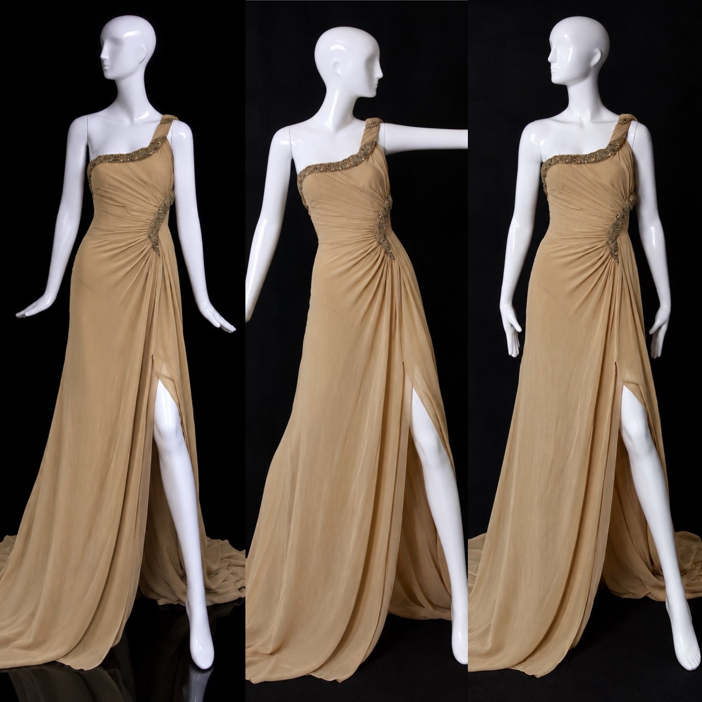 ROBERTO CAVALLI 2012 Silk Chiffon Tan Embellished Grecian Gown w. Slit