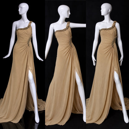 ROBERTO CAVALLI 2012 Silk Chiffon Tan Embellished Grecian Gown w. Slit