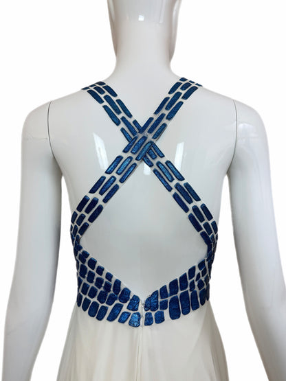 EMA SAVAHL COUTURE Custom Hand Painted Blue + Ivory Grecian Gown
