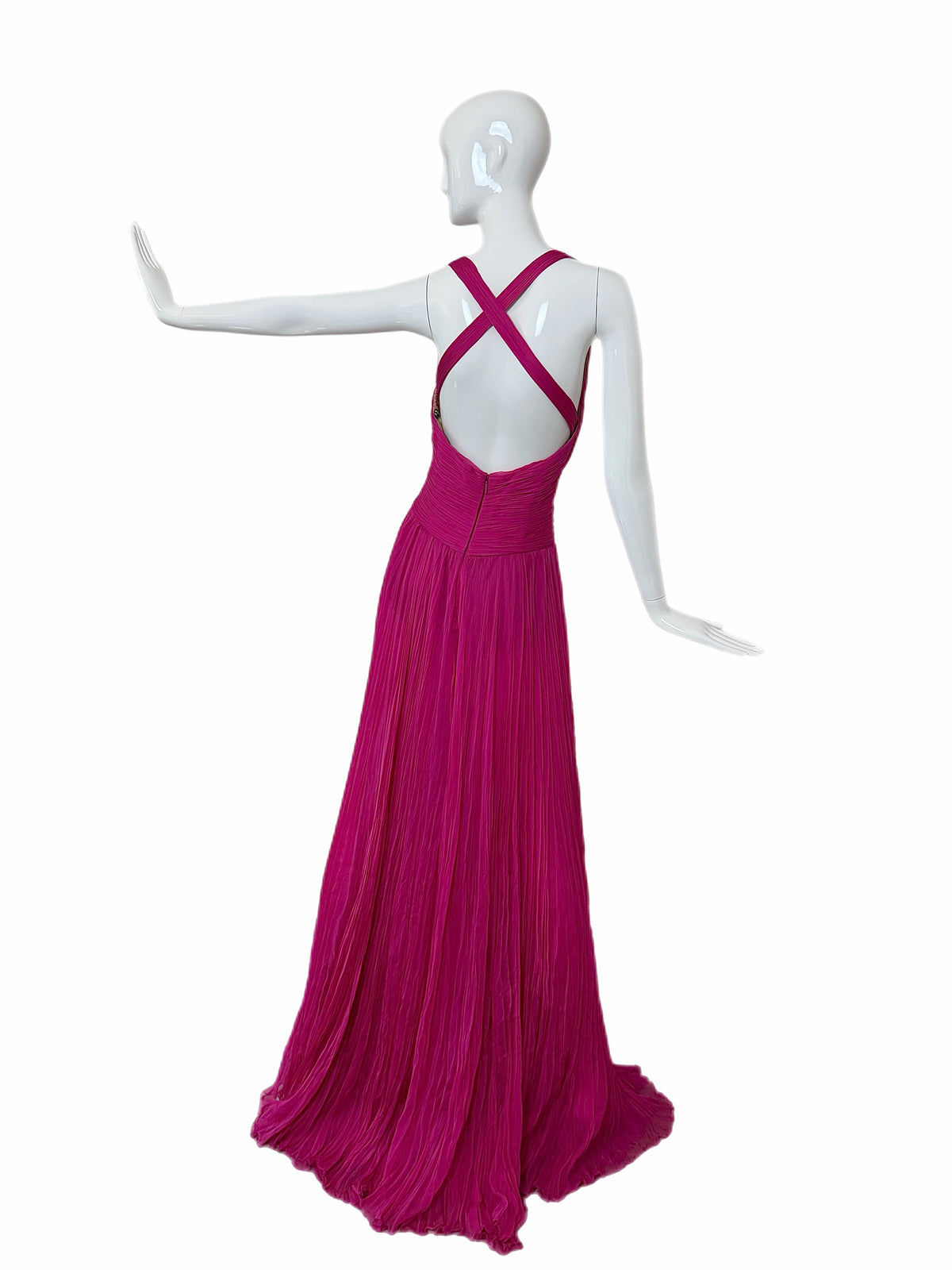 ROBERTO CAVALLI Hot Pink Fuschia Silk Plisse Pleated Plunge Neckline Evening Gown