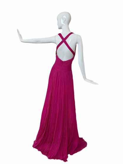 ROBERTO CAVALLI Hot Pink Fuschia Silk Plisse Pleated Plunge Neckline Evening Gown