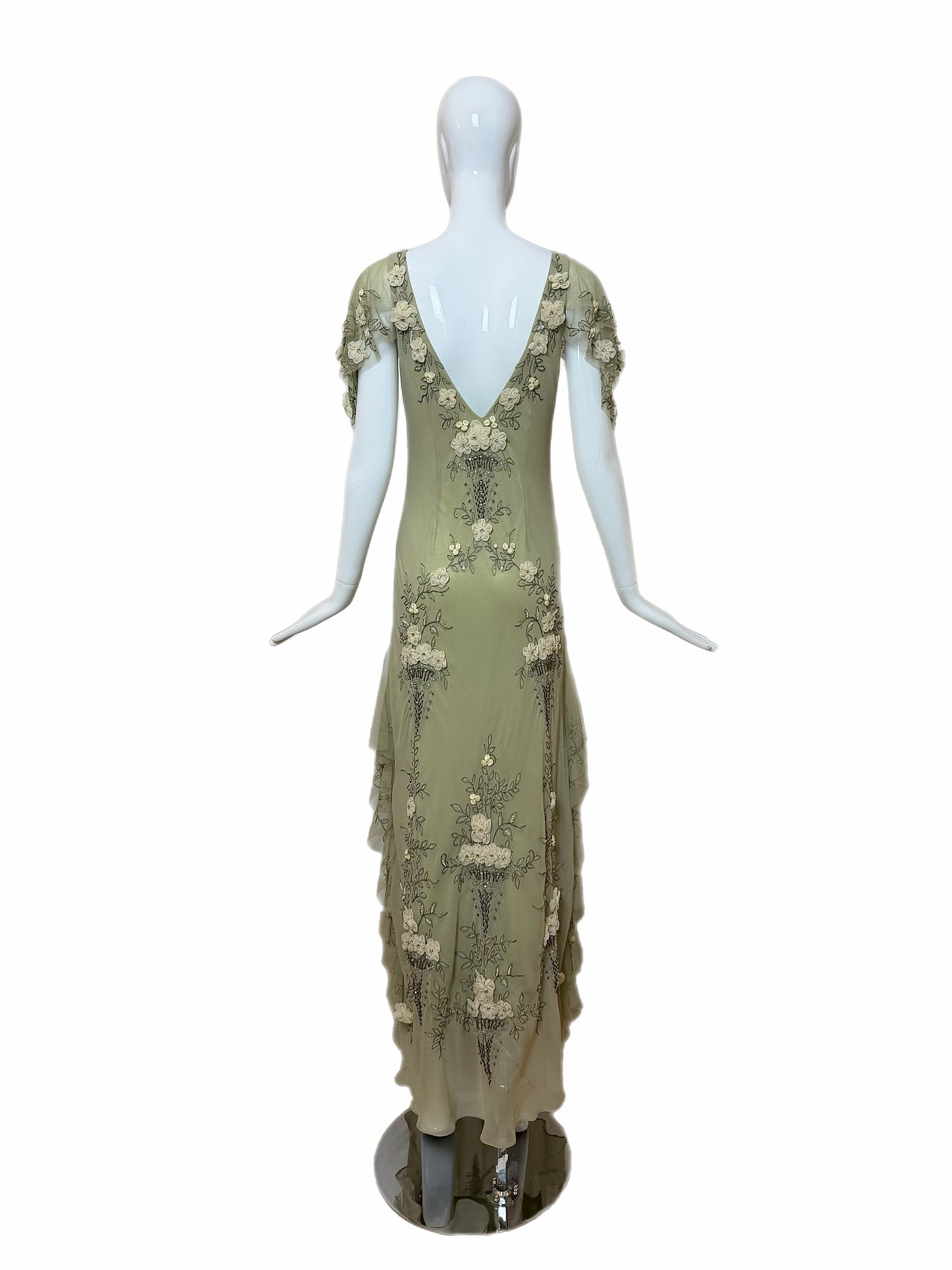 SUE WONG 2004 Vintage Runway Sage Silk Elaborate Evening Gown