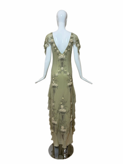 SUE WONG 2004 Vintage Runway Sage Silk Elaborate Evening Gown