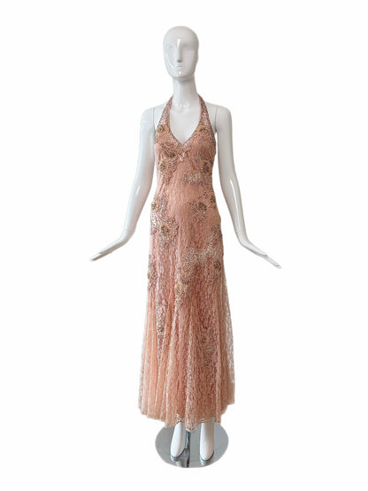 SUE WONG 2000's Vintage Peachy Pink Lace Embellished Maxi Dress