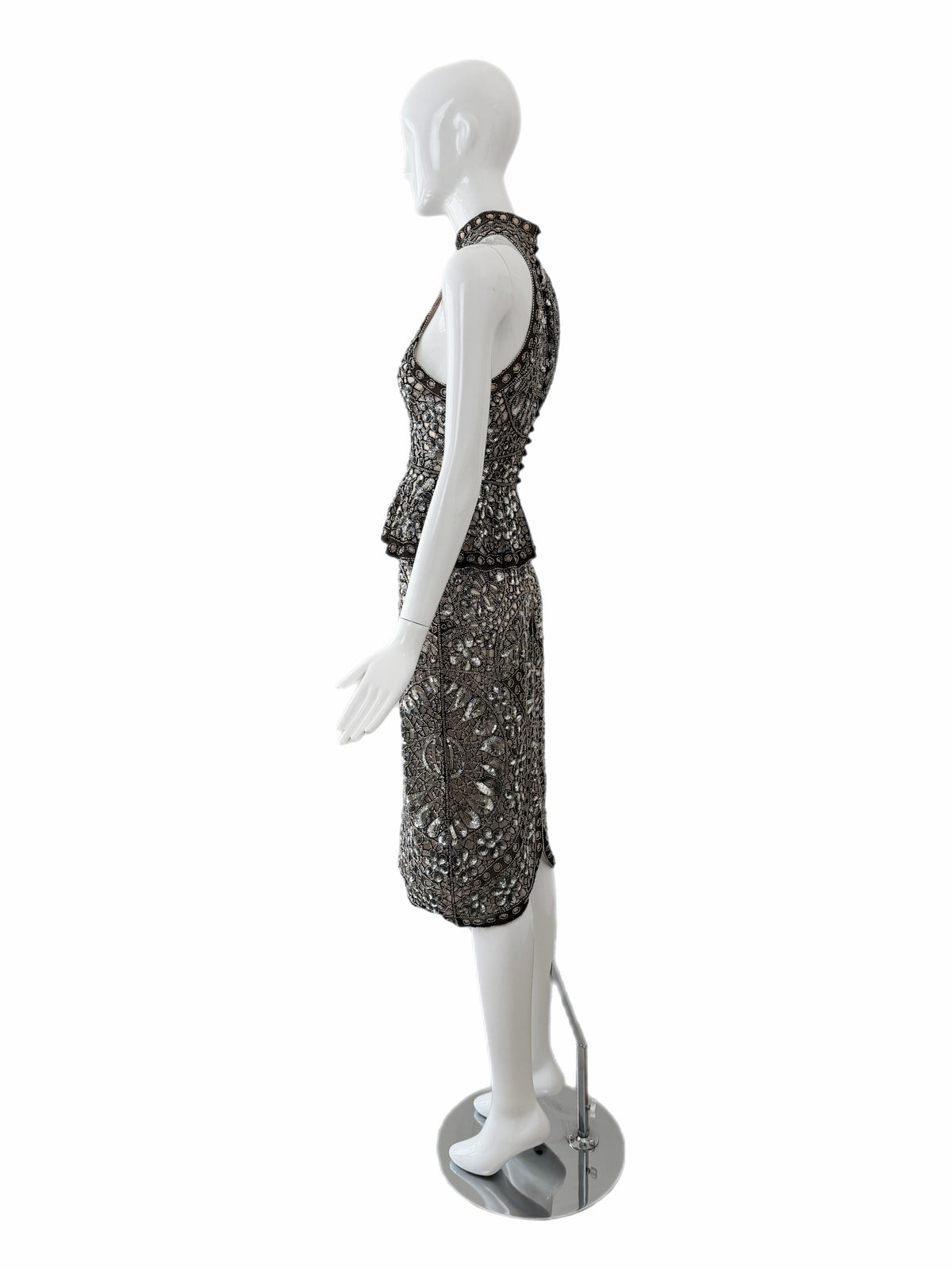 Eavis & Brown Vintage Hand-Beaded Silk Silver Embellished Skirt Set