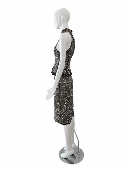 Eavis & Brown Vintage Hand-Beaded Silk Silver Embellished Skirt Set