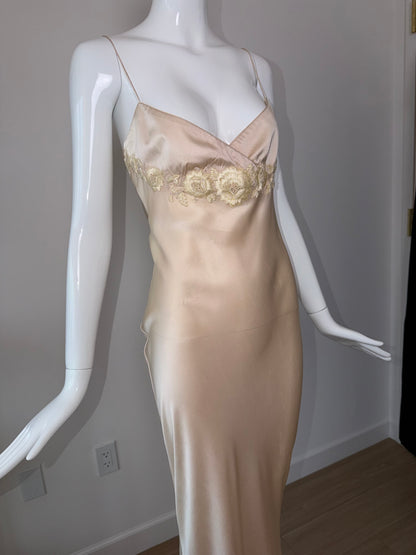 Les Habitudes 90's Vintage Blush Peach Beaded Floral Antique Look Slip Gown