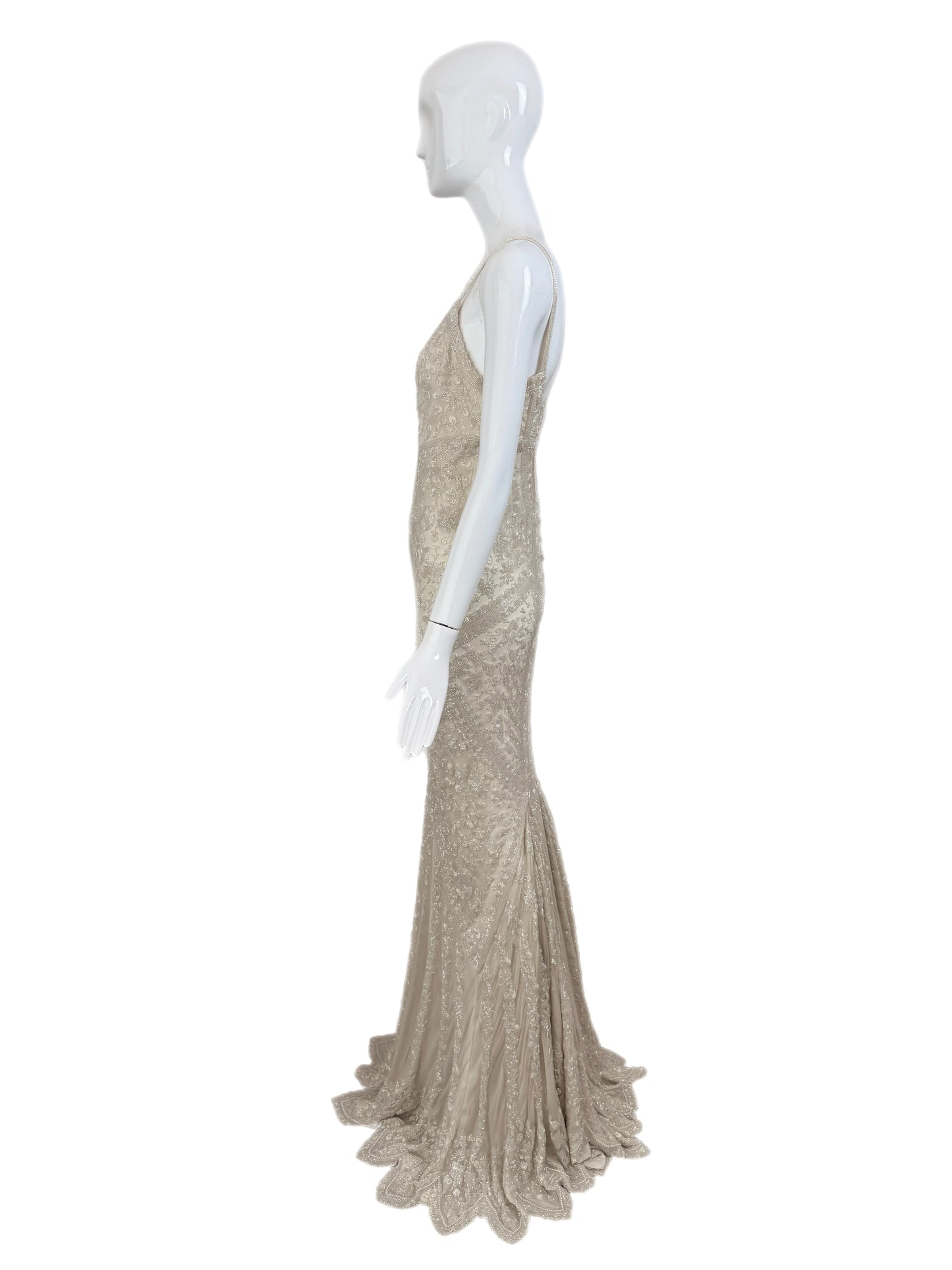 LES HABITUDES 90's Vintage Couture Ivory Iridescent Silk Hand-Beaded Evening Gown