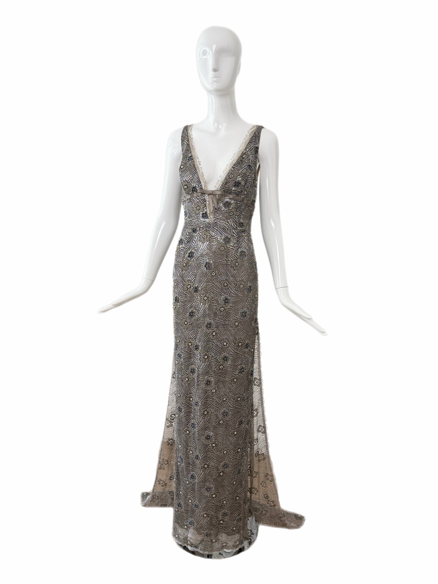 RANDOLPH DUKE 2005 Vintage Silver Floral Beaded Evening Gown w. Train