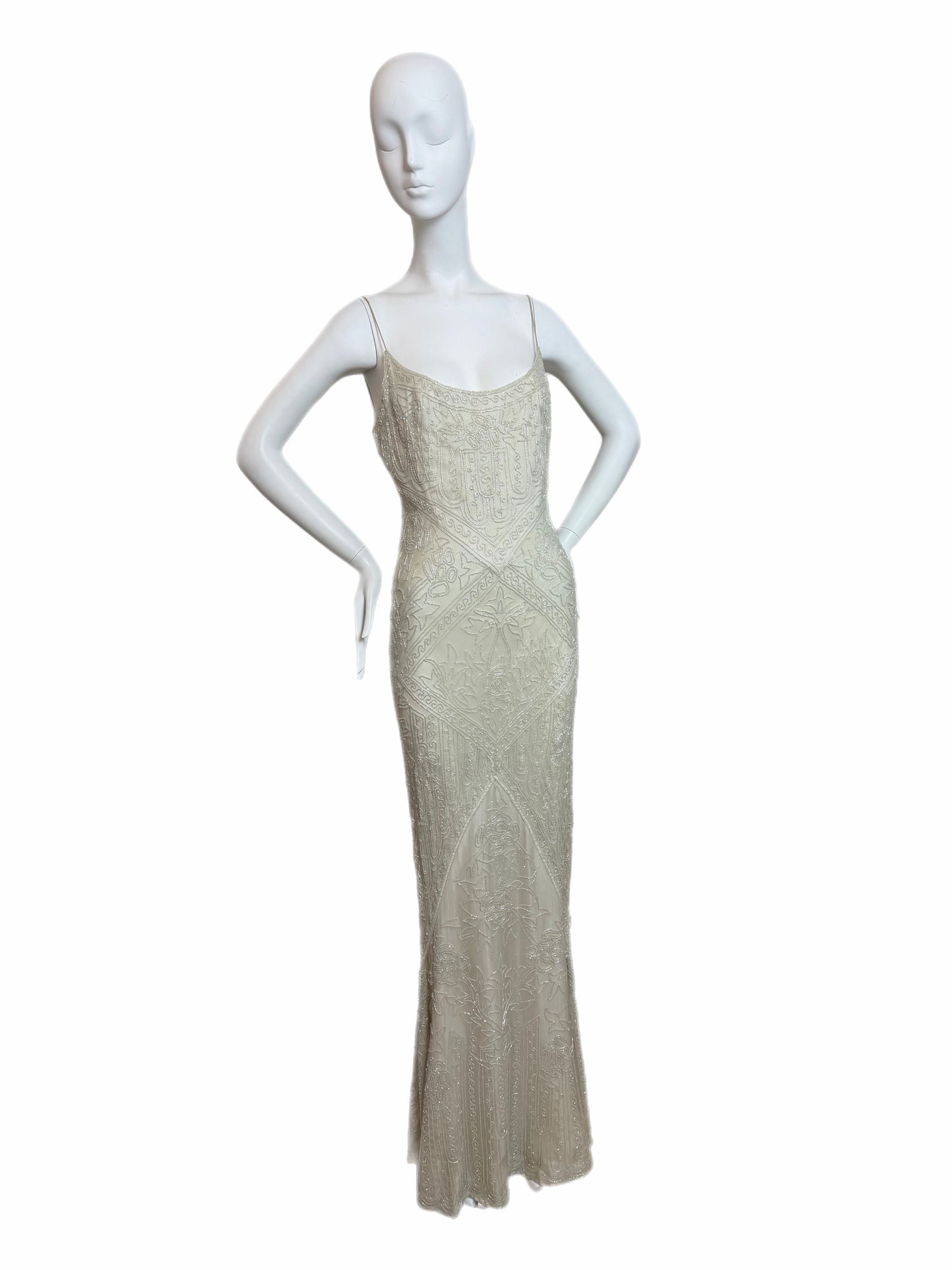 LES HABITUDES 90's Couture Vintage Iridescent Greige Silk Hand Beaded Bridal Gown