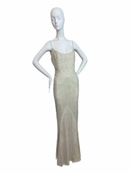 LES HABITUDES 90's Couture Vintage Iridescent Greige Silk Hand Beaded Bridal Gown