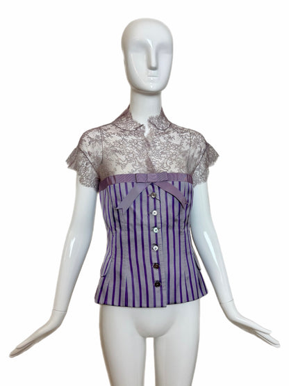 ALEXANDER MCQUEEN 2004 Vintage Silk Purple Pinstripe Lace Blouse
