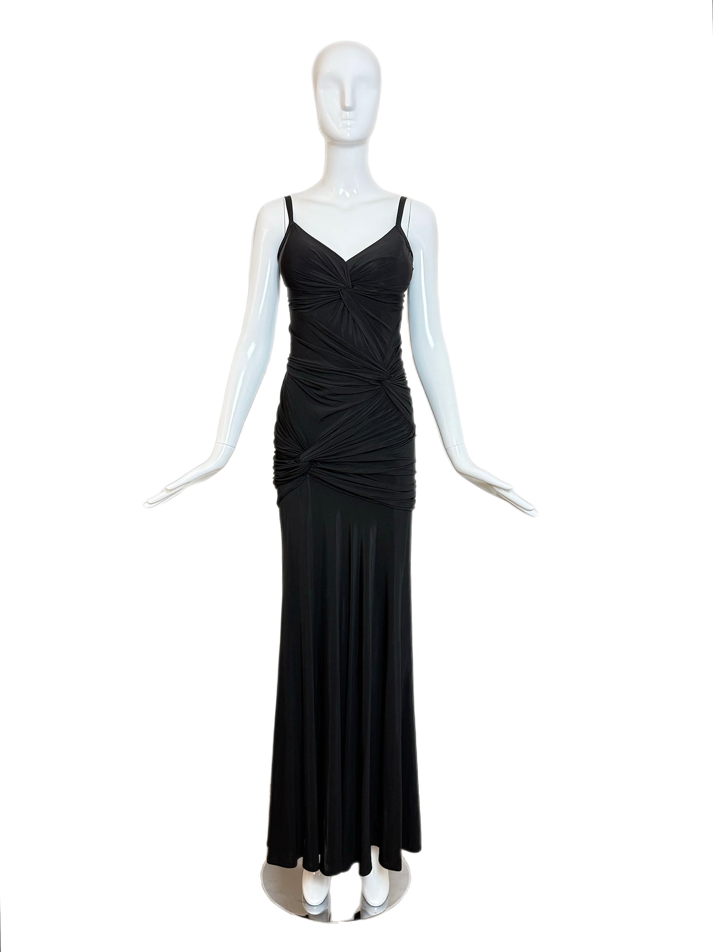 DONNA KARAN Vintage Black Ruched Knotted Evening Gown