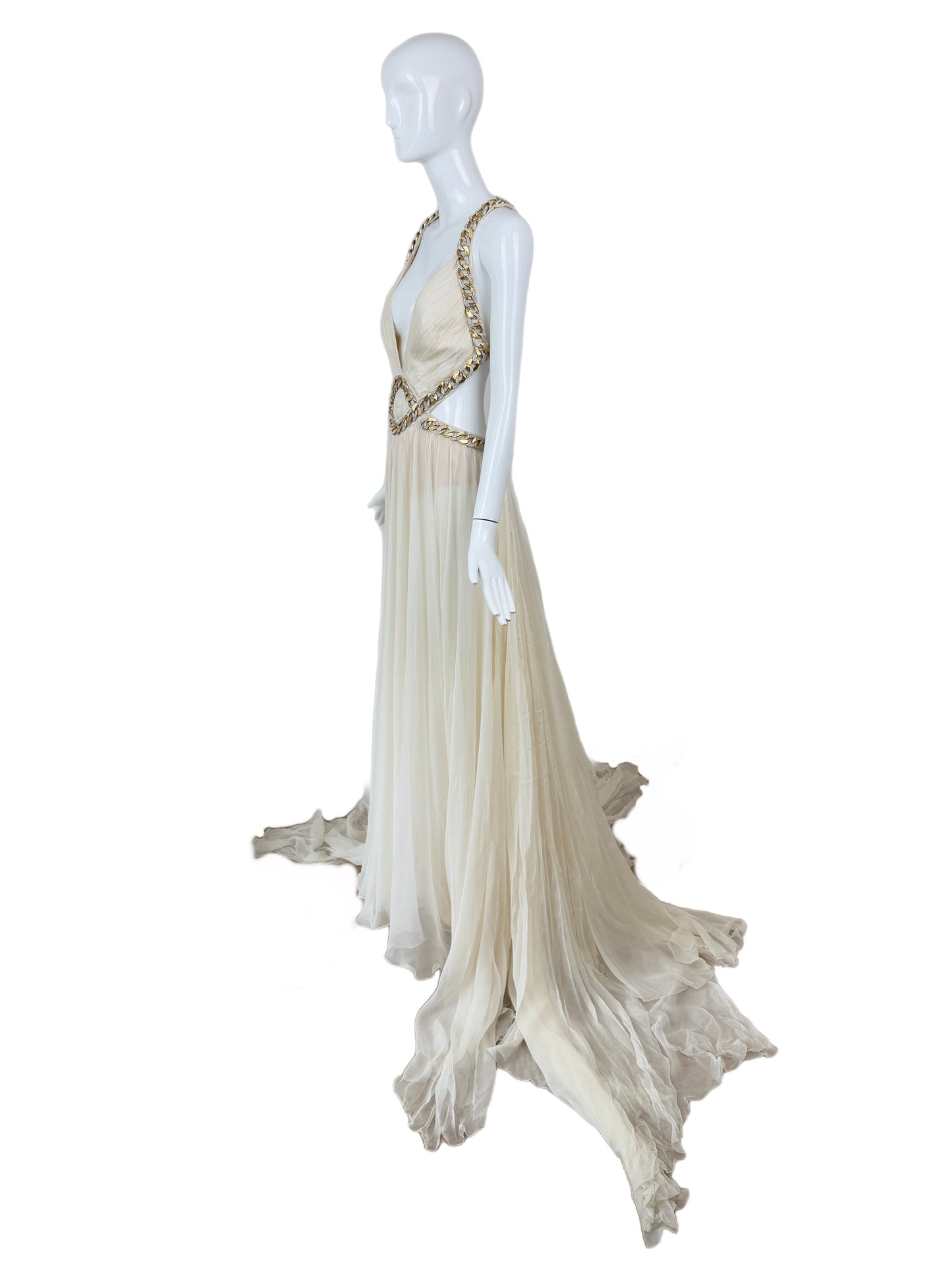 ROBERTO CAVALLI 2009 Vintage Ivory Chain Embellished Silk Gown