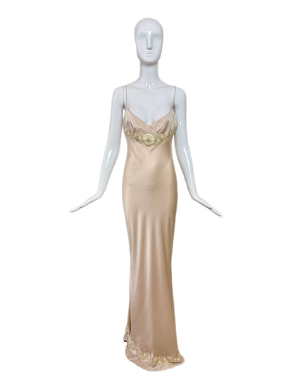 LES HABITUDES 90's Vintage Blush Peach Beaded Floral Slip Gown