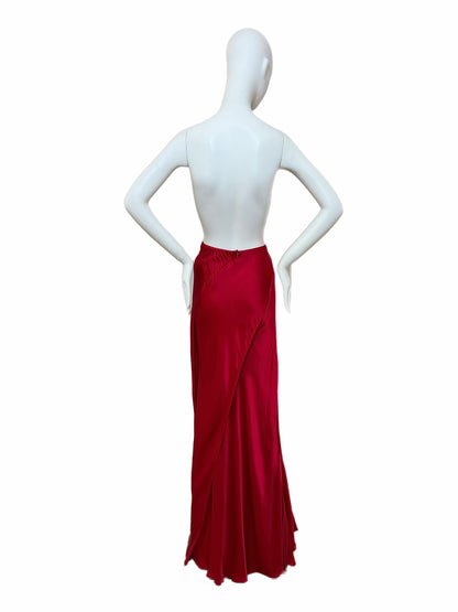 ROBERT DANES Red Liquid Silk Layered Bias Cut Maxi Skirt