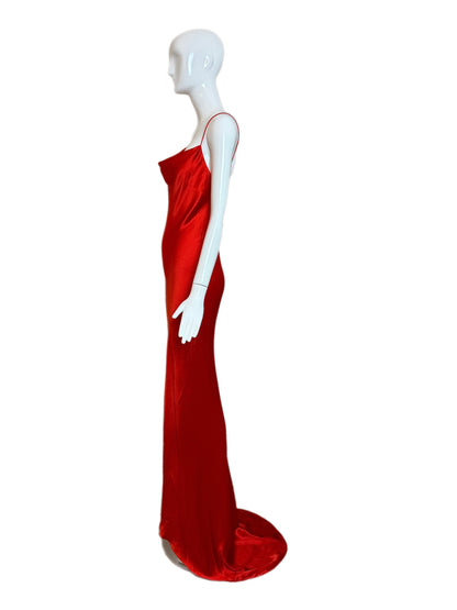 DONNA KARAN 90's Vintage Red Satin Cowl Neck Evening Gown w. Train