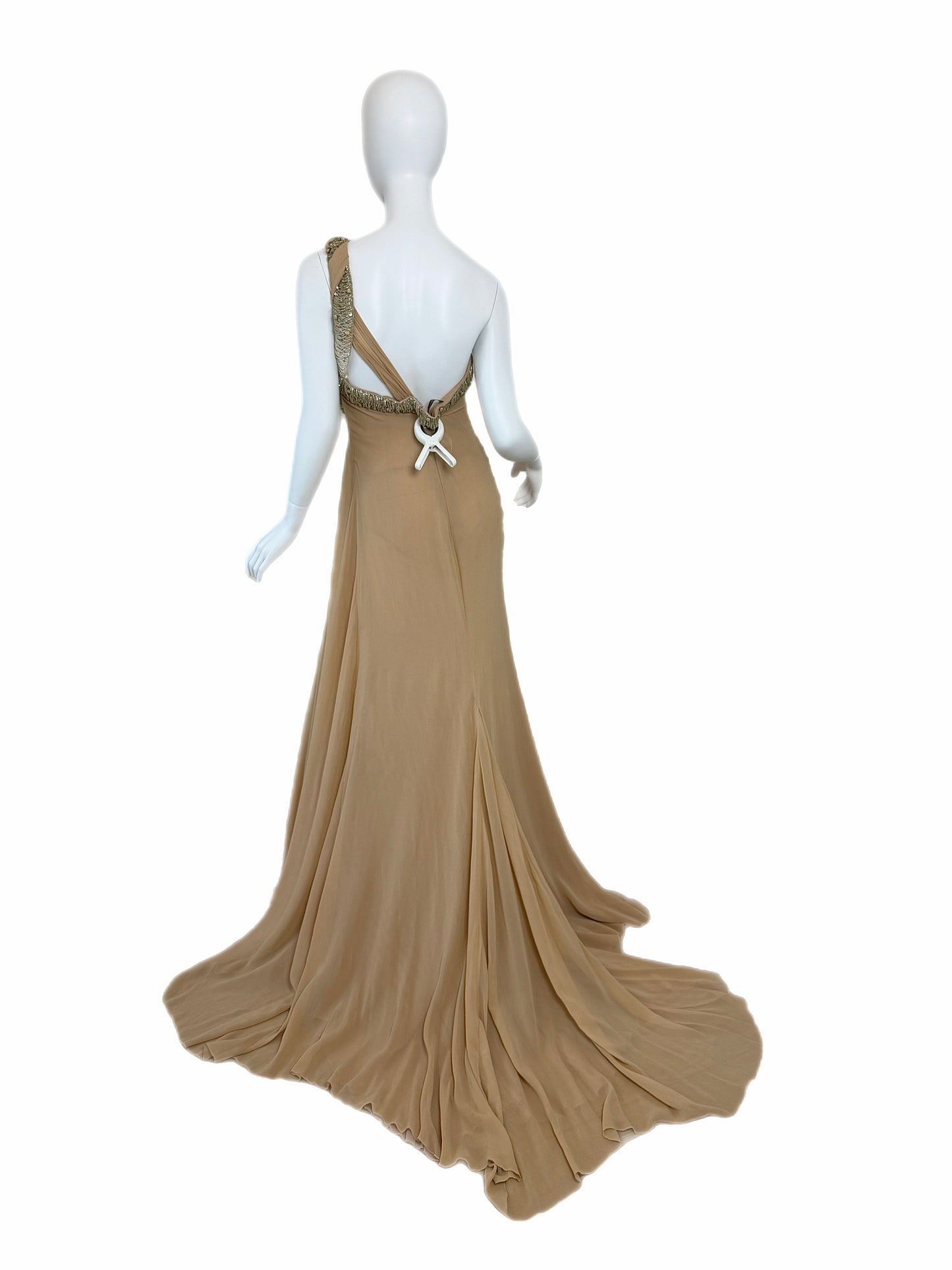 ROBERTO CAVALLI 2012 Silk Chiffon Tan Embellished Grecian Gown w. Slit
