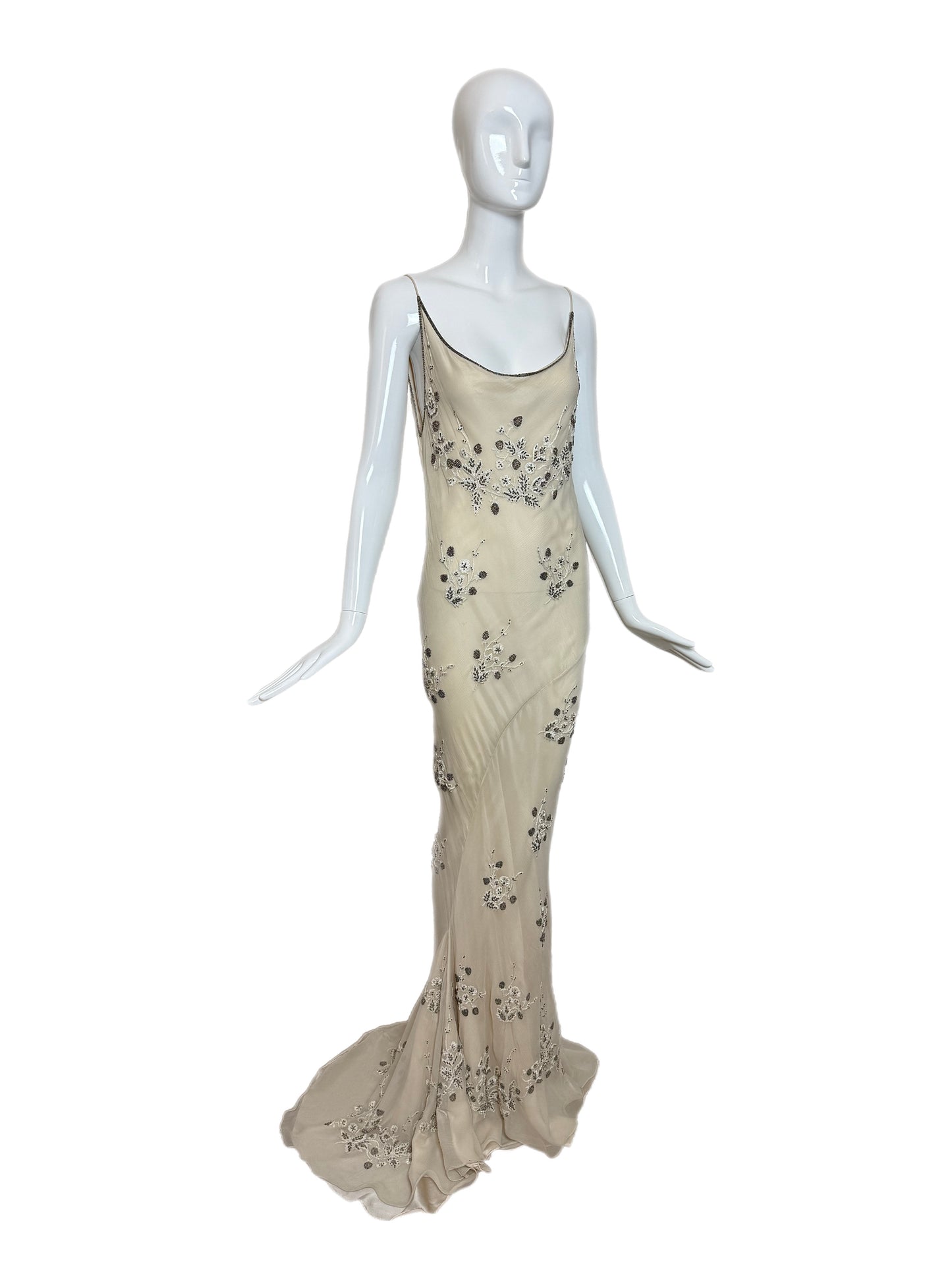 90's Vintage Couture Silk Hand Embroidered Beaded Cowl Back Evening Gown