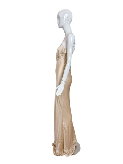 LES HABITUDES 90's Vintage Blush Peach Beaded Floral Slip Gown