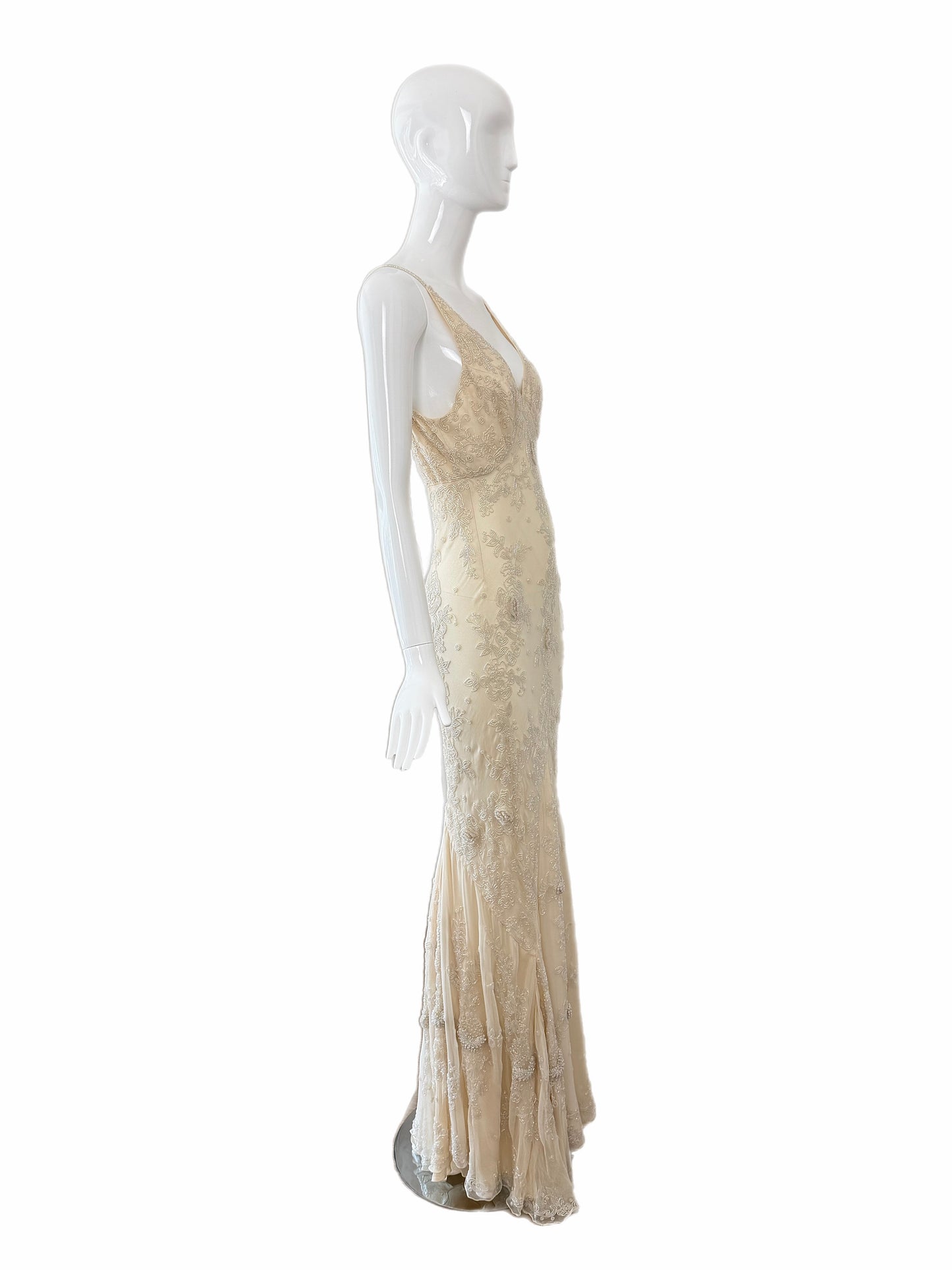 LES HABITUDES 90's Vintage Couture Vanilla Cream Beaded Silk Wedding Gown w. Shawl