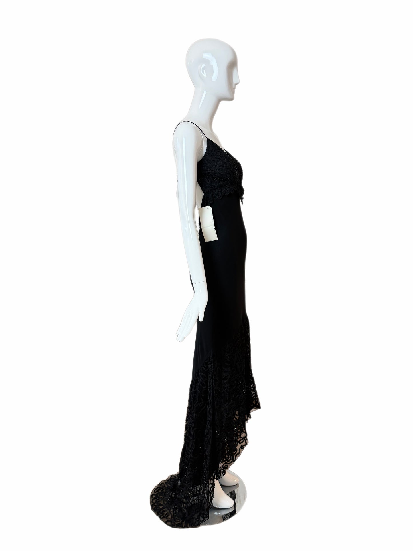 SUE WONG 00's Vintage Silk Black Beaded Evening Gown w. Train