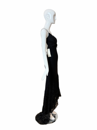 SUE WONG 00's Vintage Silk Black Beaded Evening Gown w. Train