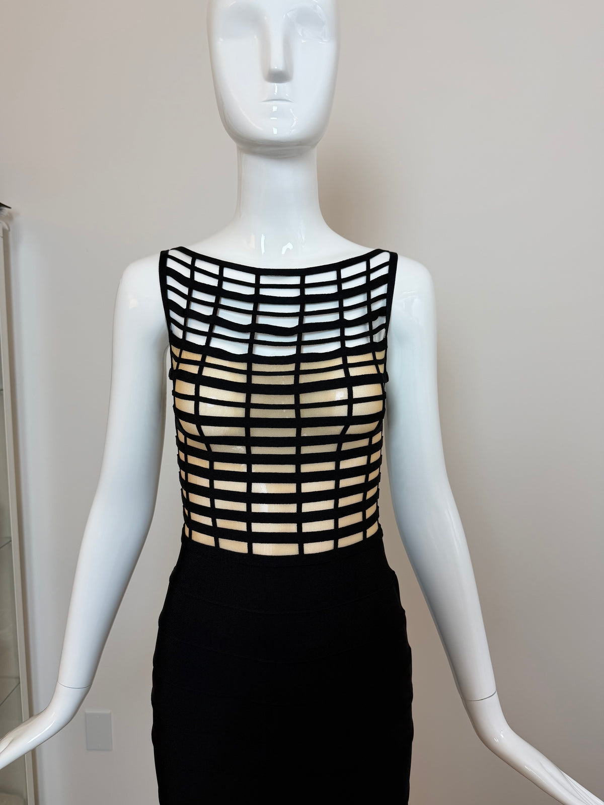 HERVE LEGER 1999 Vintage Runway Style Black + Nude Bodycon Dress