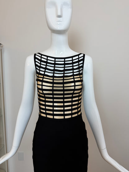 HERVE LEGER 1999 Vintage Runway Style Black + Nude Bodycon Dress