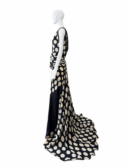 DONNA KARAN 2003 Vintage Runway Silk Midnight Blue +Ivory Polka Dot Gown