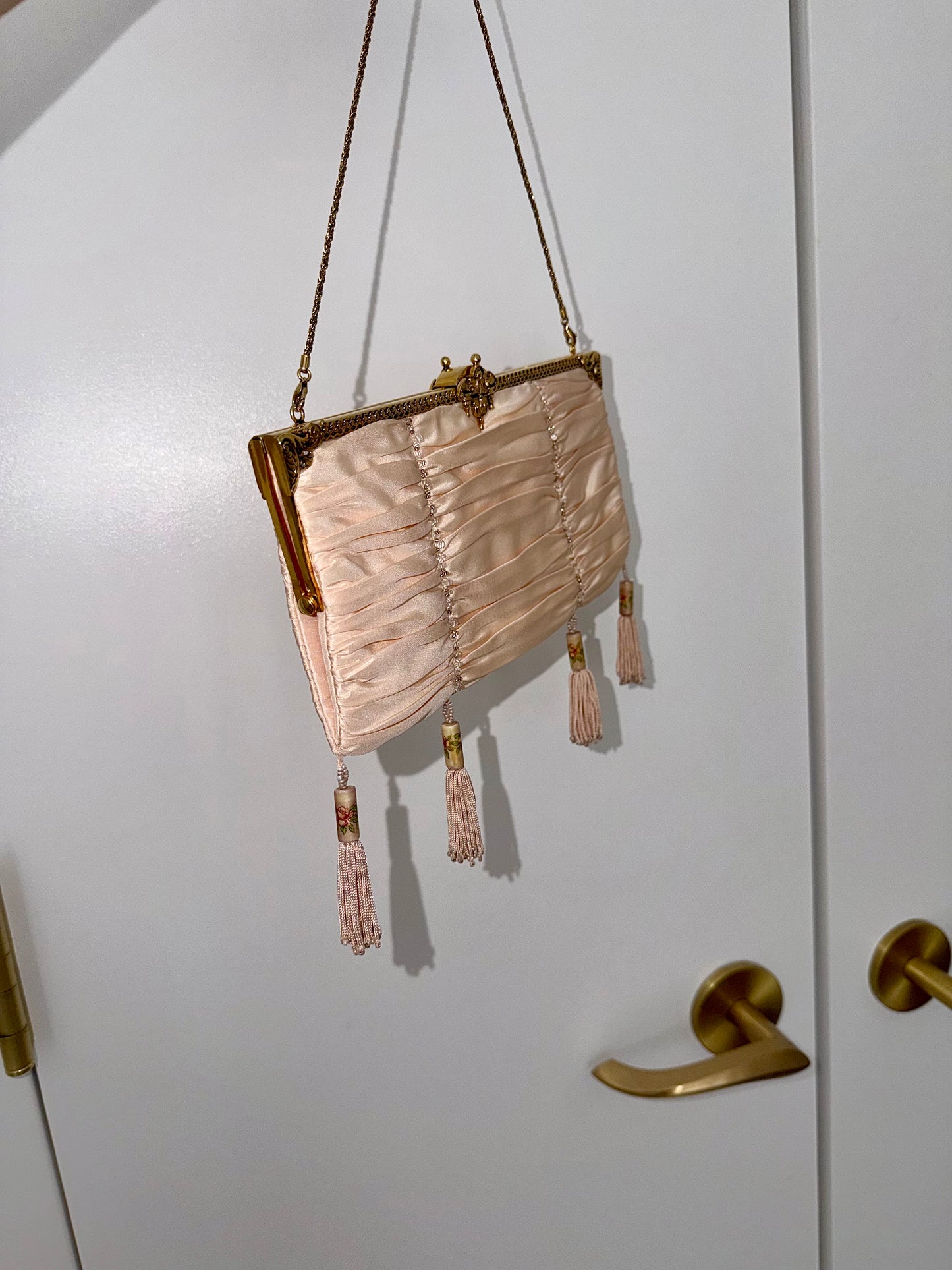BADGLEY MISCHKA Vintage Peach Satin Beaded Tassel Evening Bag