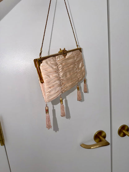 BADGLEY MISCHKA Vintage Peach Satin Beaded Tassel Evening Bag