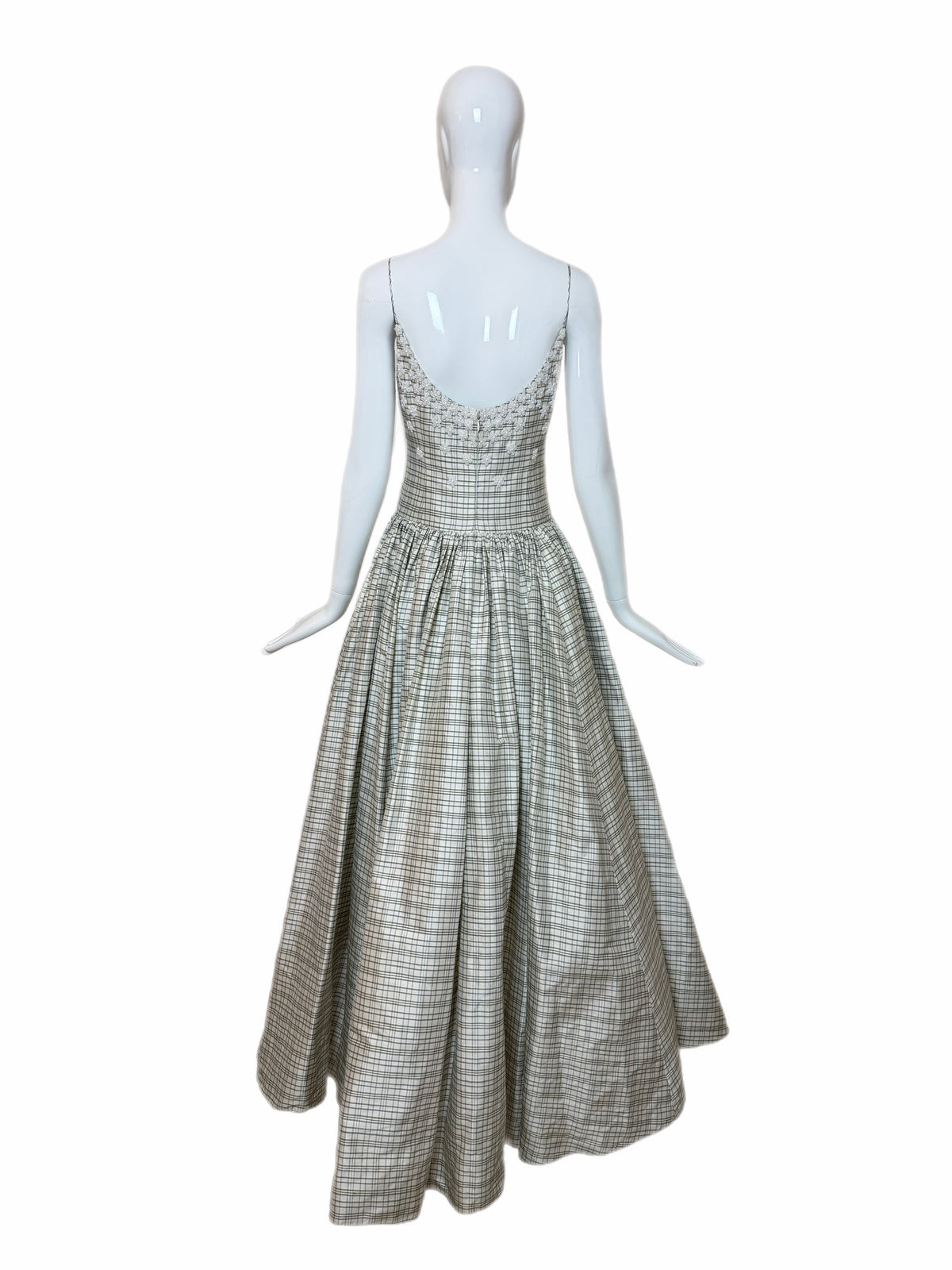 BADGLEY MISCHKA 90's Vintage Ivory Checked Silk Beaded Ball Gown